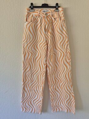 Zara White & Orange Wave-Print Wide Leg Pants